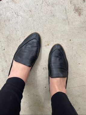Susina Black Leather Slip-On Loafers with Tan Sole